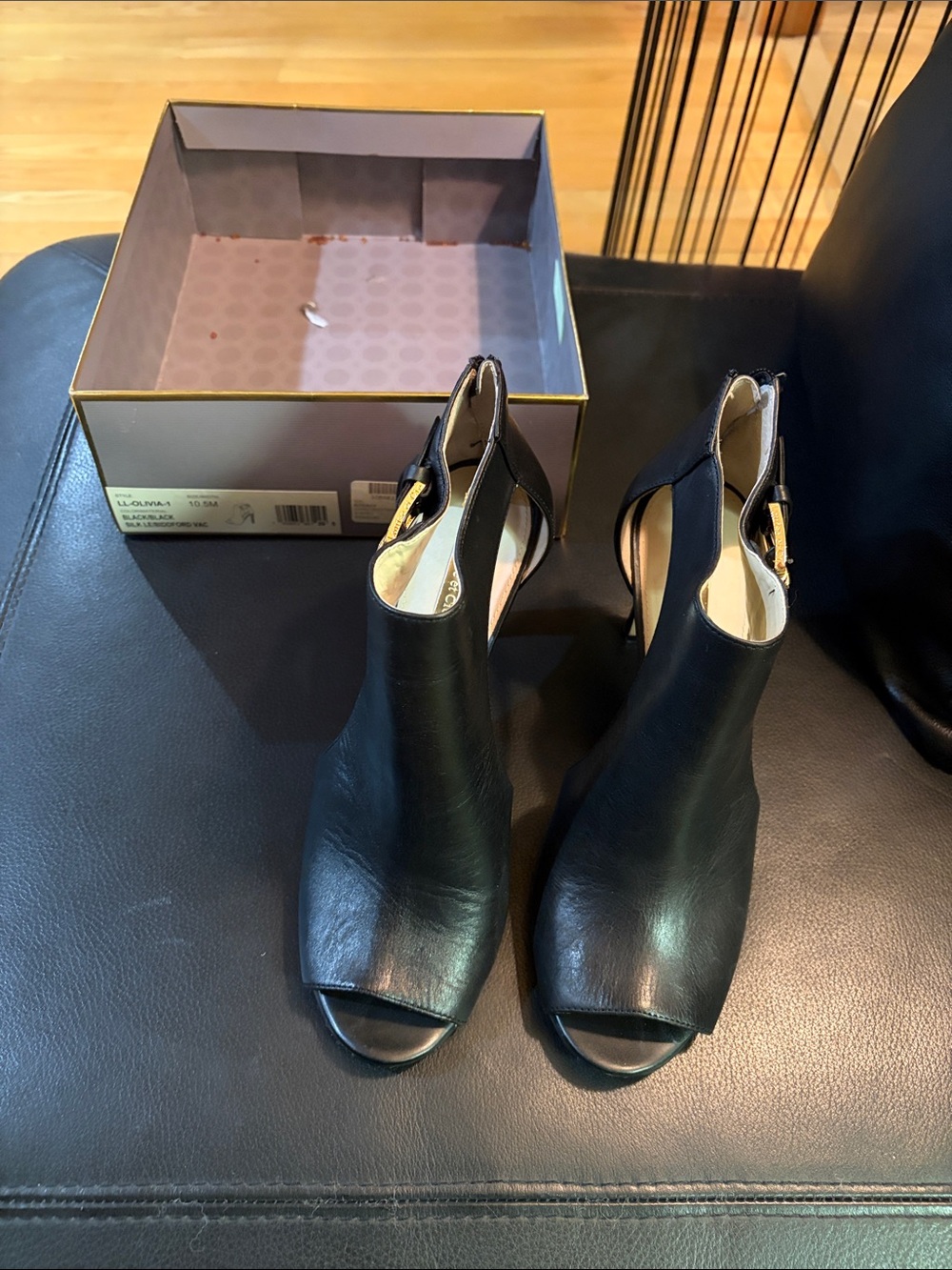 Louise et Cie Black Leather Peep-Toe Stiletto Booties